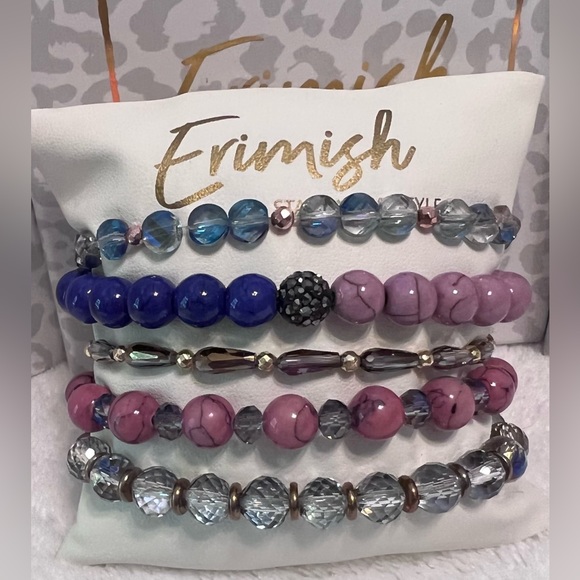 Brand New ERIMISH Bracelets - 5 pc Stack - Purple, Blue & Violet, Shamballa - Picture 1 of 3